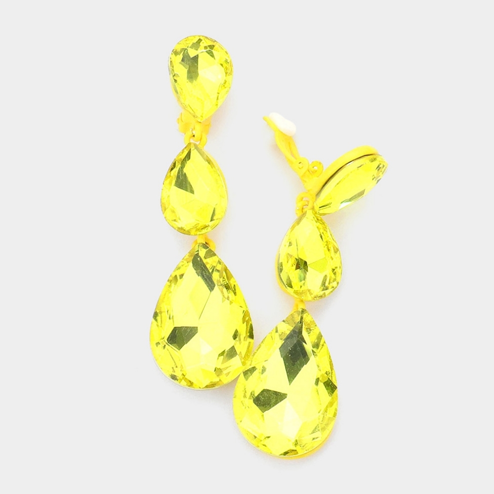 Yellow Dangle Crystal Clip On Earrings 3 Inch Triple Tear Drop ClipOns Jewelry